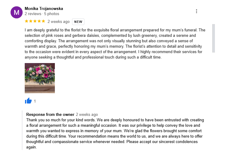 Funeral Flowers Sittingbourne Customer Review